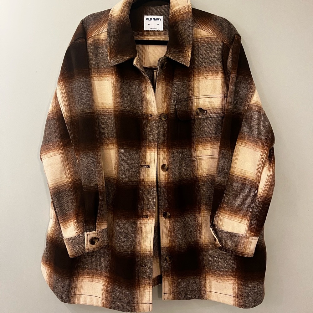 Old Navy Brown and Cream Plaid Shacket | XL